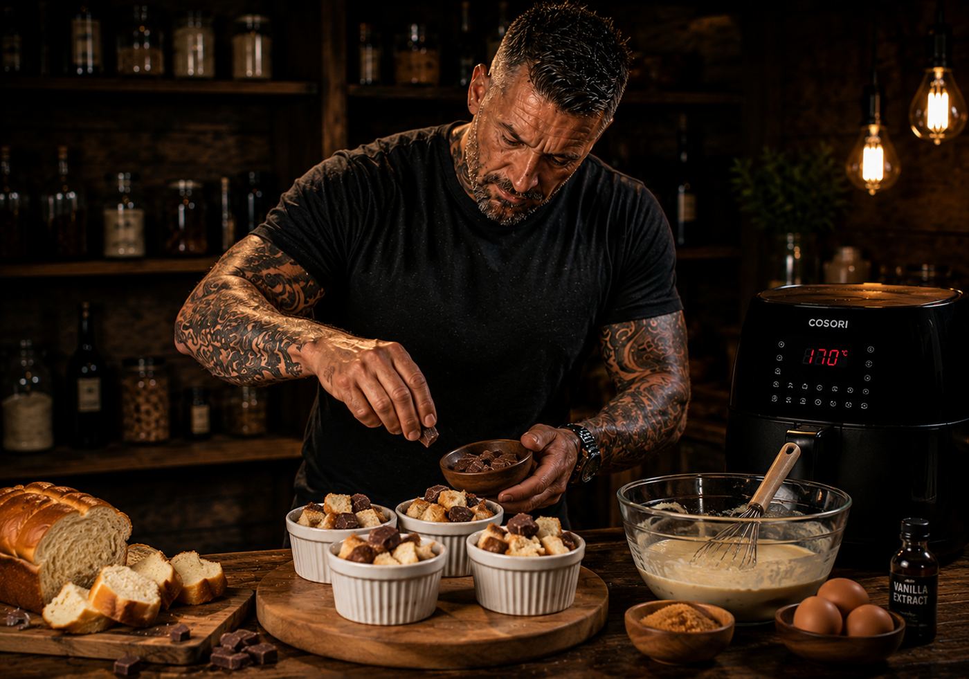 Air-Fryer Chocolate Bread And Butter Pudding Pots preparation stage